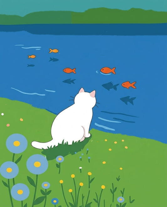 The white cat looks at the river