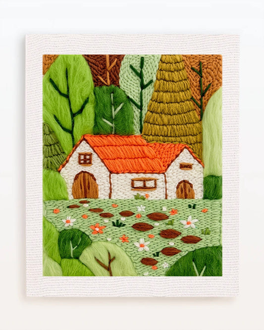 Red-Roofed Cabin on Green Hills