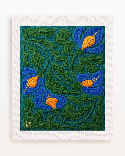 Vintage Blue Flowers and Green Leaves