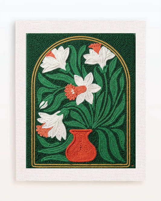 White Flowers in Red Vase