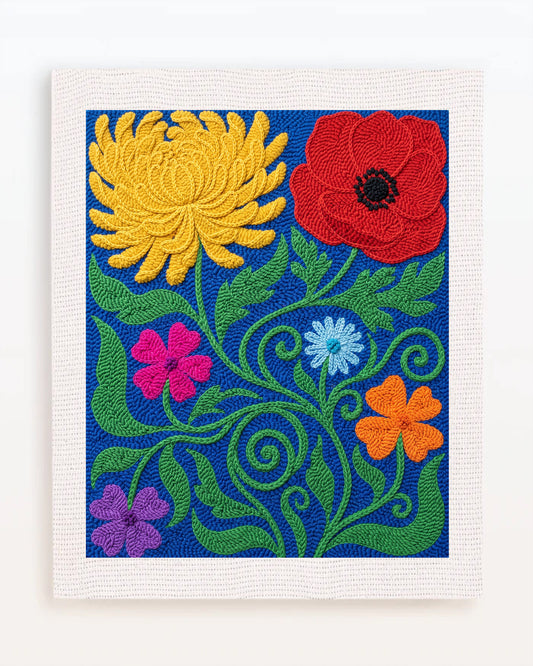 Red and Yellow Flowers on Blue Background